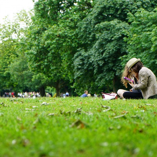 residents sit on grass in park clearing